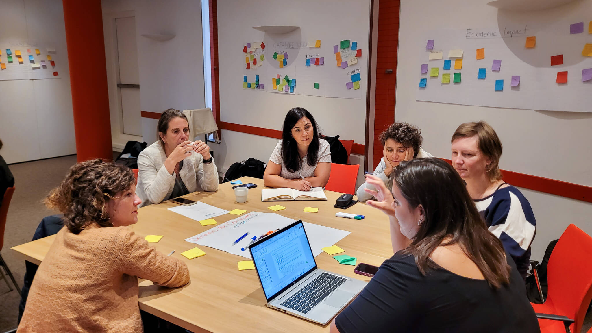 A diverse group of people collaborating around a table covered with colorful sticky notes.